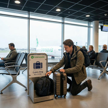 Reiziger controleert een kleine handbagagetas naast een cabinekoffer bij de gate op een moderne Europese luchthaven, klaar om toeslagen te vermijden.