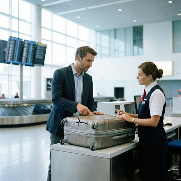 Reiziger staat in de bagagehal naast een beschadigde harde koffer en spreekt met airlinepersoneel aan de servicebalie onder helder luchthavenlicht.