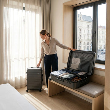 Extra grote harde koffer staat open in een lichte Europese hotelkamer, met kleding en reisaccessoires netjes ingepakt voor een lange vakantie.