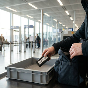 Traveler at a European airport security lane placing a small labeled powerbank from handbag into tray beside passport and carry-on.