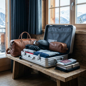 Open koffer en handbagage op een houten bank in een chalet, met skikleding, helm, handschoenen, paspoort en documenten klaar voor vertrek.