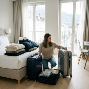 Reiziger vergelijkt een middelgrote en grote harde koffer in een lichte Europese hotelkamer, klaar voor een reis van één tot drie weken.