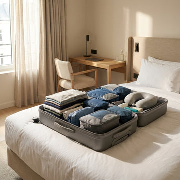 Grote harde reiskoffer van circa 75 cm staat open op een bed met netjes ingepakte kleding en accessoires in een lichte moderne hotelkamer.